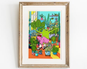 Happy frog with houseplants, Frogs in Soft Pants series, cozy plant lover frog, cute frog decor, plant lady art, frogs are friends