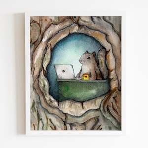 &quot;Aquarell &quot;&quot;Eichhörnchen Büro&quot;&quot; - süßes Eichhörnchen mit Kaffee, Kunst im Wald, Kinderzimmer, Eichhörnchen und Eichel, Waldtiere&quot;