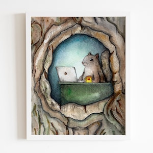 Watercolor squirrel painting "Squirrel Office" - cute squirrel with coffee, animal art, nursery, squirrel and acorn, woodland creatures