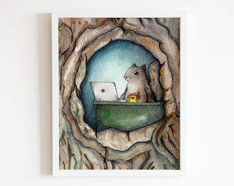 Aquarel eekhoorn in zijn kantoor - schattige eekhoorn met koffie en eikel - handgetekende originele kunst - meerdere maten
