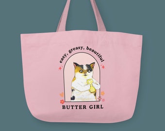 Easy, Greasy, Beautiful Butter Girl cat XL tote bag, funny cover girl cat bag, calico cat reusable grocery bag with zipper and pocket