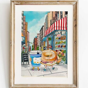 You and Me and NYC bagel and coffee art print, bodega art, cute NYC love watercolor - 5x7" print with choice of mat color