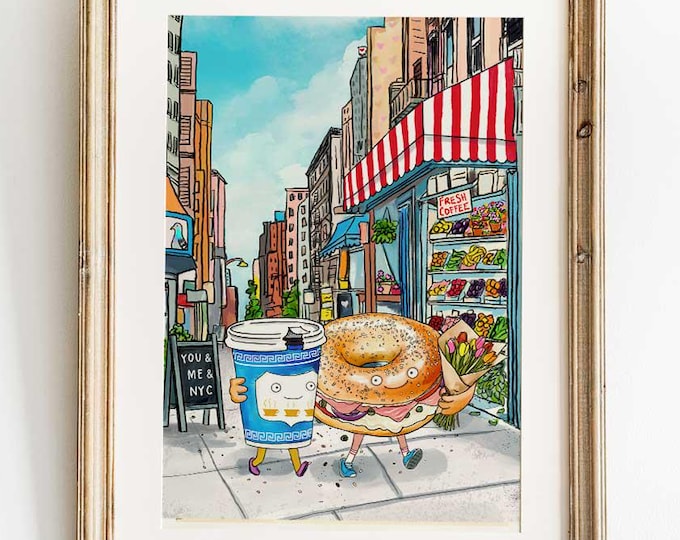 You and Me and NYC bagel and coffee art print, bodega art, cute NYC love watercolor - 5x7" print with choice of mat color