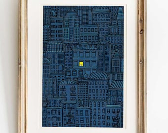 Cute cat in the city print, "Insomnia" art, night time NYC skyline art, 5x7" archival print with choice of mat color
