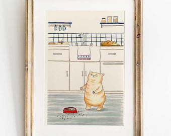 Chubby cat with look of utter betrayal because she was served dry kibble, cat food mood wall art - mini print with custom mat 5x7"