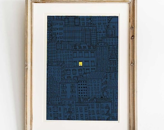 City cat print, "Insomnia" art, city at night art, NYC skyline painting, cityscape cat in a window print, city cat art, night sky painting