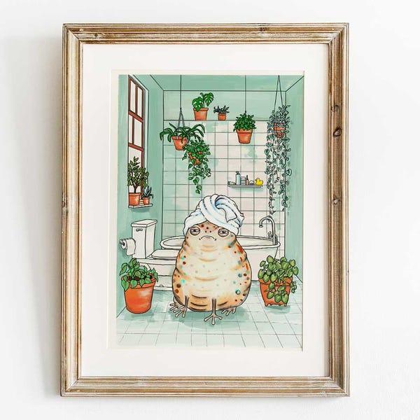 Grumpy frog with towel art print, towel toad, mood drawings, bathroom art - mini print with mat color of your choice 5x7"