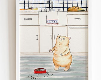 Chubby cat with look of utter betrayal because she was served dry kibble - original art print