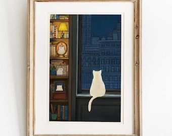 City Cat's View - Cozy Cat in NYC library - "Insomnia II" - 5x7 mini art print with choice of mat color