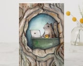 Squirrel blank greeting card, quot Spreadsheet Squirrel quot - cute squirrel with coffee, co-worker card, squirrel and acorn, woodland creature card