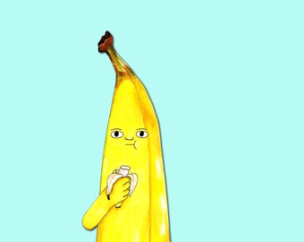 Bananabalism art print, funny banana eating a banana art painting, kitchen  art, fruit painting, cute banana, kids room art 5x7 custom mat