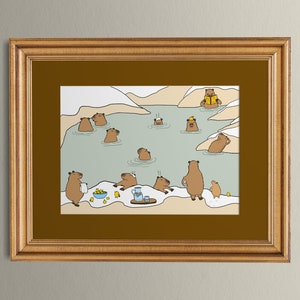 Cute capybara hot springs mini matted print, Self Care Sunday capys, capybara Japanese onsen art, capybara connoisseurs, happy cappy 5x7"