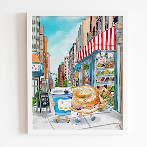 You and Me and NYC bagel and coffee art print, bodega art, cute NYC love watercolor - hand-drawn original art - multiple sizes