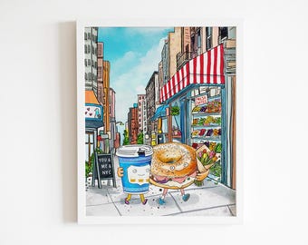 Peut inclure: Illustration fantaisiste d'une tasse de café et d'un bagel marchant dans une rue de la ville. La tasse de café est bleue et blanche, et le bagel tient un bouquet de fleurs. La scène comprend une boutique avec des produits et le texte "YOU & ME & NYC".
