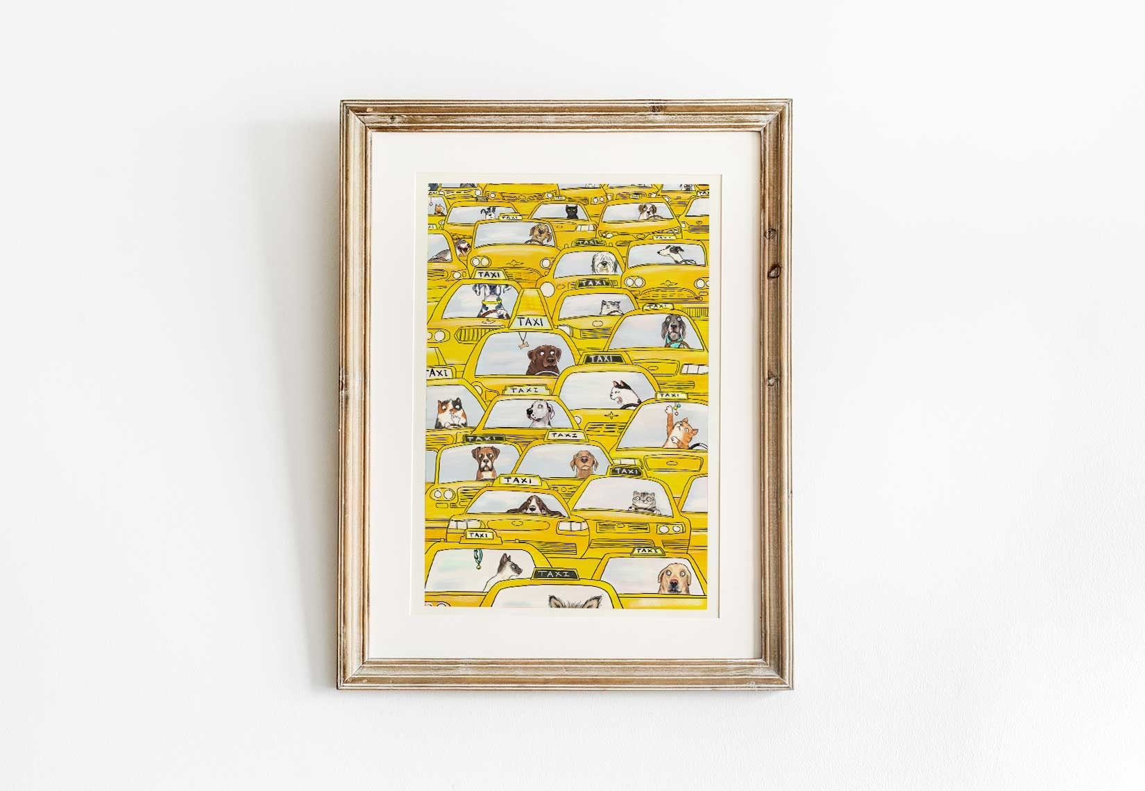 Dogs and Cats and New York City Taxi cabs art print, NYC watercolor painting, cute NYC pet art - 5x7" with choice of colored mat