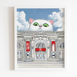 Witte kat met NYC Met Museum, schattige kitty kunst aan de muur, Metropolitan Museum of Art kitten, katten van NYC aquarel schilderij 8 x 10&quot;