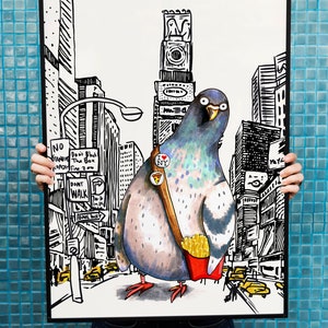 New York Tauben Poster, NYC Kunst, lustige Taube mit Pommes frites Wandkunst, NYC Taube Pizza Kunst, niedlicher Vogel Dekor, I love NY Poster