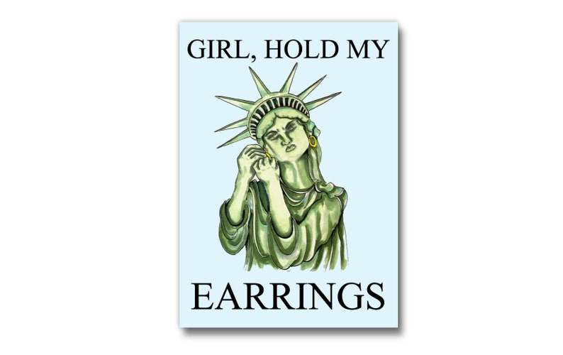 Girl Hold My Earrings postcard / Statue of Liberty card / Etsy