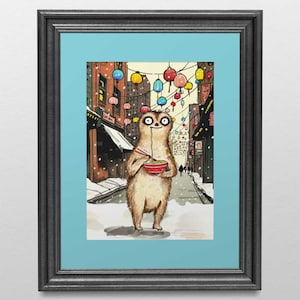 Meerkat With Noodles Painting, cute meerkat art, ramen art, meerkat illustration, funny cat art, nursery kids room art - 5x7&quot; mat print