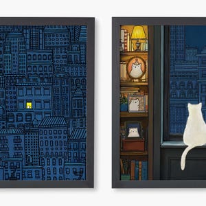 "Stadt Katze Druck, ""Insomnia"" Kunst, Stadt bei Nacht NYC Skyline Gemälde, süße weiße Fenster Katze - handgezeichnete Original Kunst - mehrere Größen." Bild 3