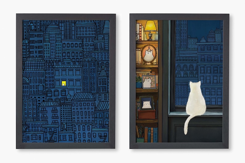 "Stadt Katze Druck, ""Insomnia"" Kunst, Stadt bei Nacht NYC Skyline Gemälde, süße weiße Fenster Katze - handgezeichnete Original Kunst - mehrere Größen." Bild 3