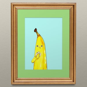 Bananabalism art print, funny banana eating a banana art painting, kitchen art, fruit painting, cute banana, kids room art - 5x7 custom mat