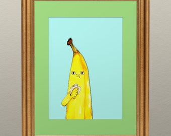 Bananabalism art print, funny banana eating a banana art painting, kitchen art, fruit painting, cute banana, kids room art - 5x7 custom mat