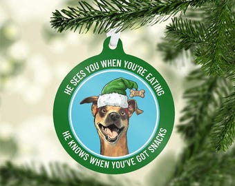 Peut inclure: Ornement de Noël vert avec un dessin de chien portant un chapeau de Père Noël. Le texte sur l'ornement dit "HE SEES YOU WHEN YOU'RE EATING" et "HE KNOWS WHEN YOU'VE GOT SNACKS".