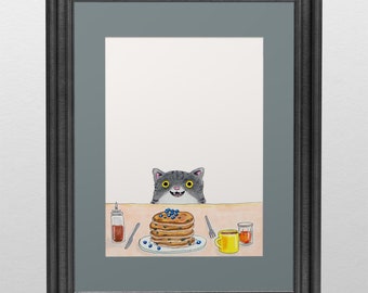 Happy cat with pancakes, Sunday morning art, tabby cat wall art, mood drawings - mini print with mat color of your choice 5x7&quot;
