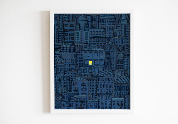 City cat print, "Insomnia" art, city at night NYC skyline painting, cute white window kitty - hand-drawn original art - multiple sizes