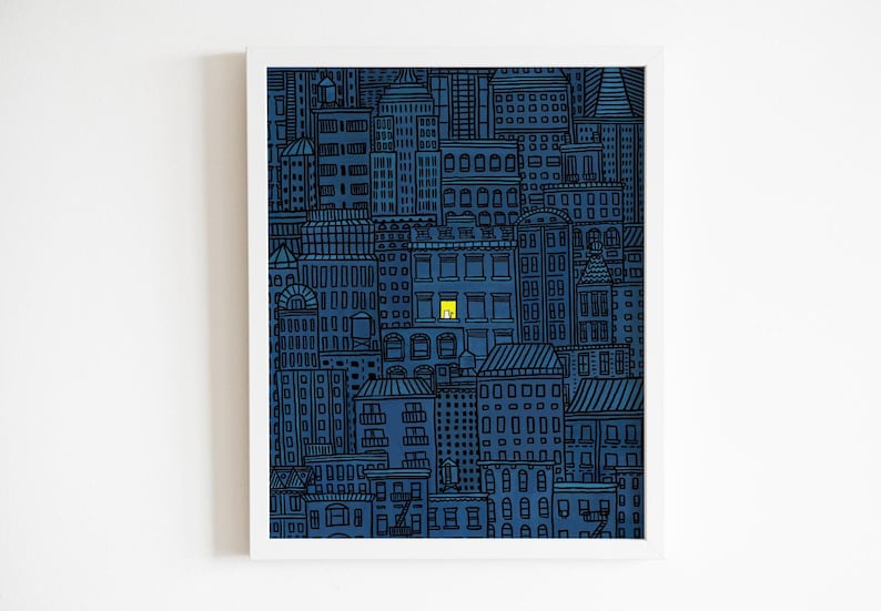 "Stadt Katze Druck, ""Insomnia"" Kunst, Stadt bei Nacht NYC Skyline Gemälde, süße weiße Fenster Katze - handgezeichnete Original Kunst - mehrere Größen." Bild 1