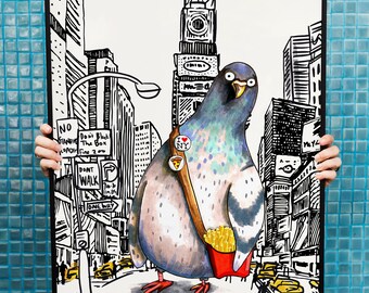 New York City Pigeon Print, Funny Pigeon With French Fries