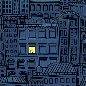 "Stadt Katze Druck, ""Insomnia"" Kunst, Stadt bei Nacht NYC Skyline Gemälde, süße weiße Fenster Katze - handgezeichnete Original Kunst - mehrere Größen." Bild 4