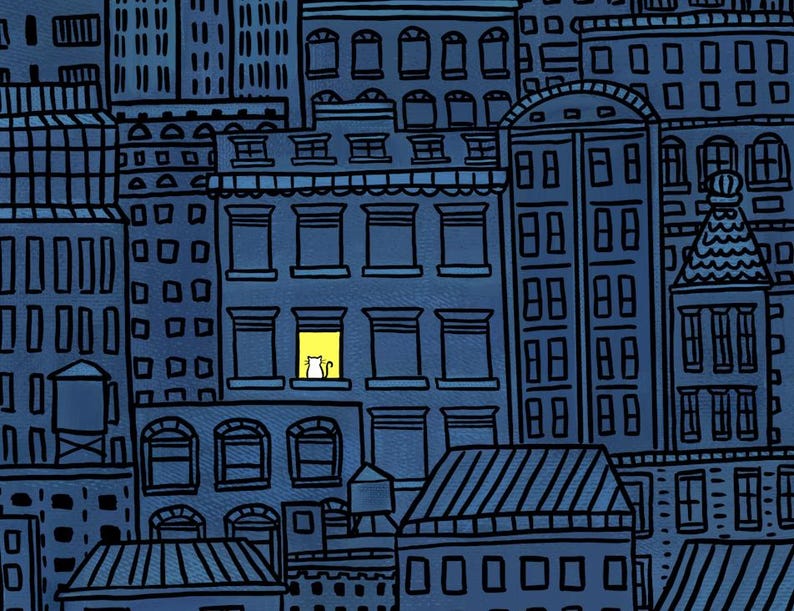 "Stadt Katze Druck, ""Insomnia"" Kunst, Stadt bei Nacht NYC Skyline Gemälde, süße weiße Fenster Katze - handgezeichnete Original Kunst - mehrere Größen." Bild 4
