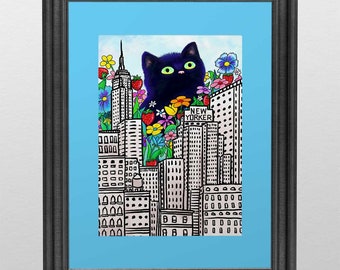 Impresión artística de un gato negro en la ciudad de Nueva York con flores, adorable arte de pared de gatitos, pintura de acuarela de gatos de Nueva York de 5 x 7 pulgadas con tapete de color a elegir.