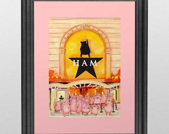 Peut inclure: Impression encadrée avec une illustration humoristique d'un chapiteau de théâtre. Le mot "HAM" est sur une étoile, avec une silhouette de cochon au-dessus. Des cochons roses sont représentés devant le théâtre.