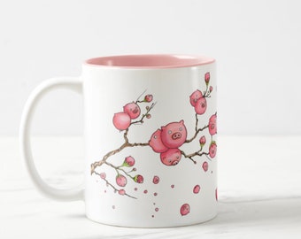 Pigs of Spring cherry blossoms mug, cute cheerful pink piggy mug, sakura mug, Spring flowers mug, flying pigs mug