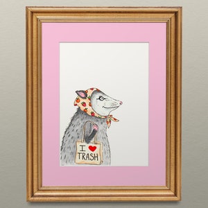 Happy possum with strawberry kerchief and tote bag, possum portrait, opossum wall art - mini print with mat color of your choice 5x7"