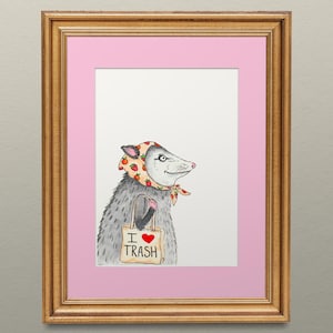 Happy possum with strawberry kerchief and tote bag, possum portrait, opossum wall art - mini print with mat color of your choice 5x7&quot;