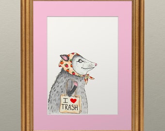 Happy possum with strawberry kerchief and tote bag, possum portrait, opossum wall art - mini print with mat color of your choice 5x7&quot;