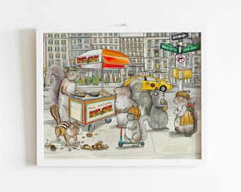 Peut inclure: Une impression aquarelle fantaisiste représente des écureuils dans un cadre urbain. Un écureuil tient un chariot "Nut & Nuts", tandis que d'autres mangent des noix. Un taxi jaune et des panneaux de signalisation sont en arrière-plan. L'impression est encadrée.