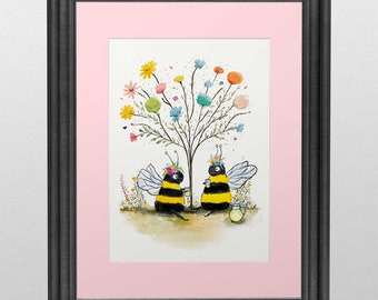 Bee friends sharing lemonade under a flower tree, cute bee art, save the bees - mini print with mat color of your choice 5x7"