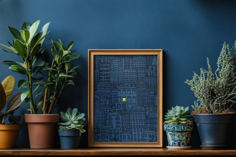 "Stadt Katze Druck, ""Insomnia"" Kunst, Stadt bei Nacht NYC Skyline Gemälde, süße weiße Fenster Katze - handgezeichnete Original Kunst - mehrere Größen." Bild 2