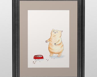 Chubby cat with look of utter betrayal because she was served dry kibble, cat food mood wall art - mini print with custom mat 5x7"
