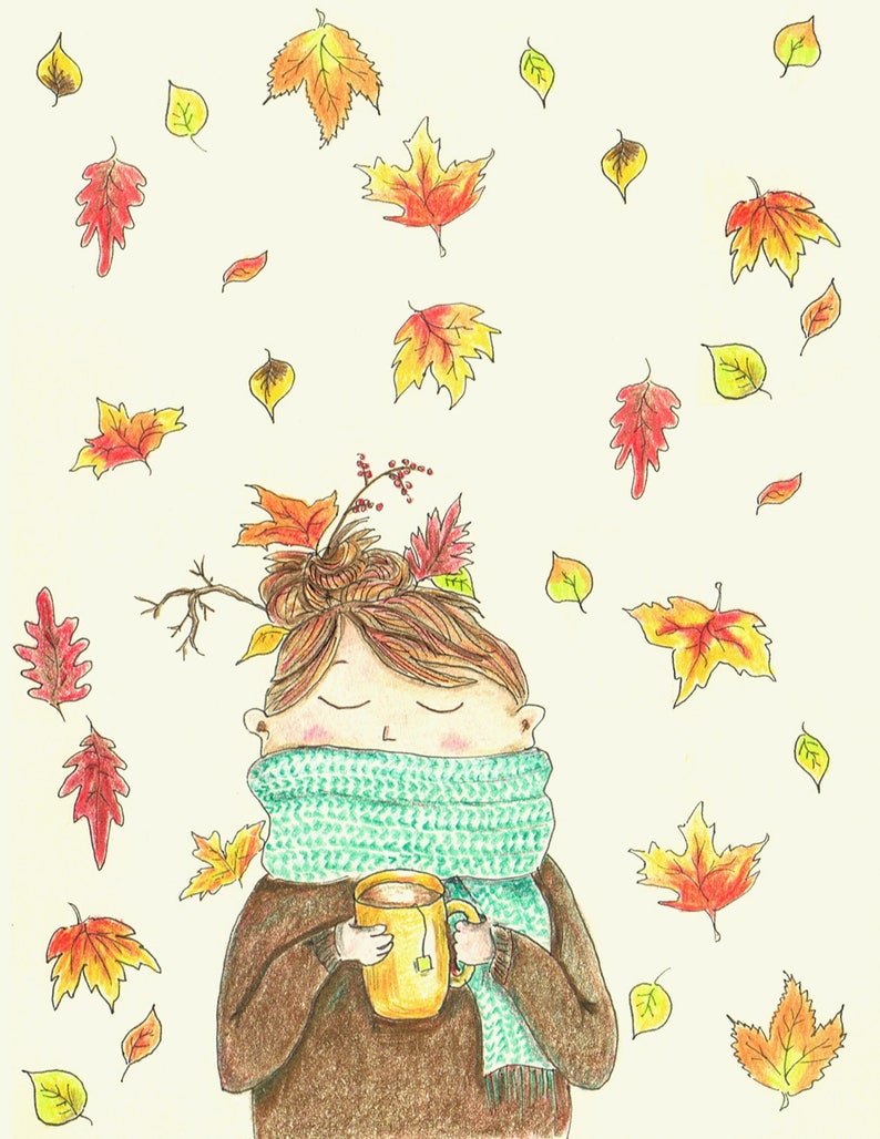 Cozy Fall Art Girl with scarf autumn illustration tea and | Etsy