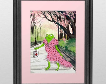 Frog in strawberry dress, happy frog wall art, frog portrait, Central Park in Spring - mini art print with custom mat 5x7"
