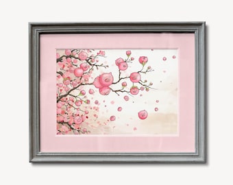 Peut inclure: Une impression d'art encadrée représentant une illustration fantaisiste de fleurs roses en forme de cochons sur des branches d'arbres. L'œuvre est placée sur un fond doux de style aquarelle, encadrée dans un cadre en bois gris avec un passe-partout rose.