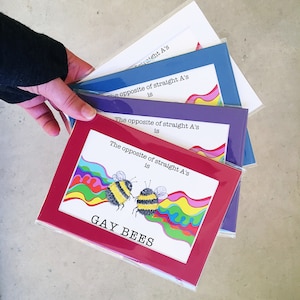 The Opposite of Straight A's is Gay Bees colorful matted art print, LGBTQ art, cute gay pride art - mini print with choice of mat color 5x7"