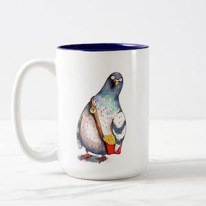 Funny pigeon mug, New York City pigeon art, city pigeon mug, cute bird mug, bird with french fries mug, NYC pigeon jumbo mug - XL 15oz mug