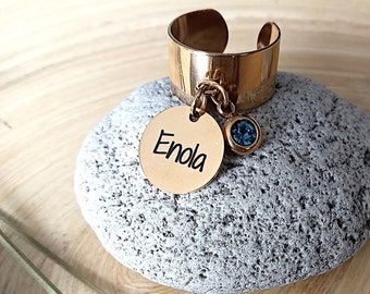 Personalized medal ring to engrave, birthstone charm, golden steel ring, gift woman jewelry